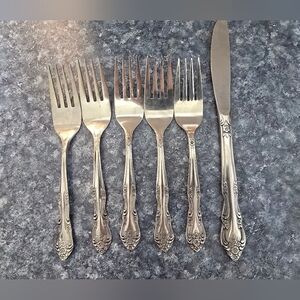6 Vtg DREAM ROSE Rogers Stainless SALAD FORKS Knife Glossy Flatware Silverware